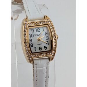 Studio Time Watch Women 21mm Gold Case MOP Dial White Band- New Battery